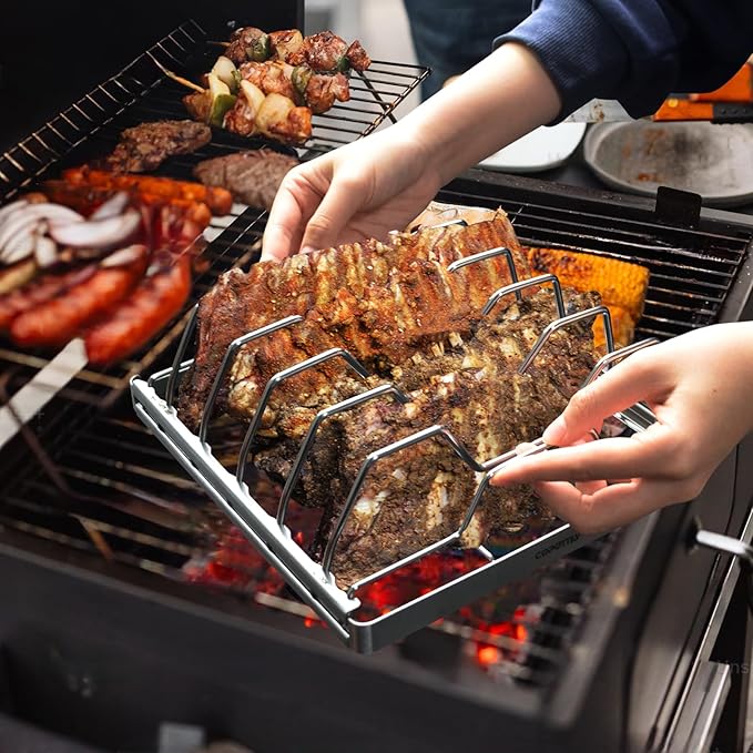 Foldable Rib Rack for Smoking, Stainless Steel 10 in Rib Rack with 2 Meat Shredder Claws, and Black PP Tray, Perfect for Grilling, Smoking, and Serving, BBQ Accessories
