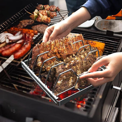 Foldable Rib Rack for Smoking, Stainless Steel 10 in Rib Rack with 2 Meat Shredder Claws, and Black PP Tray, Perfect for Grilling, Smoking, and Serving, BBQ Accessories