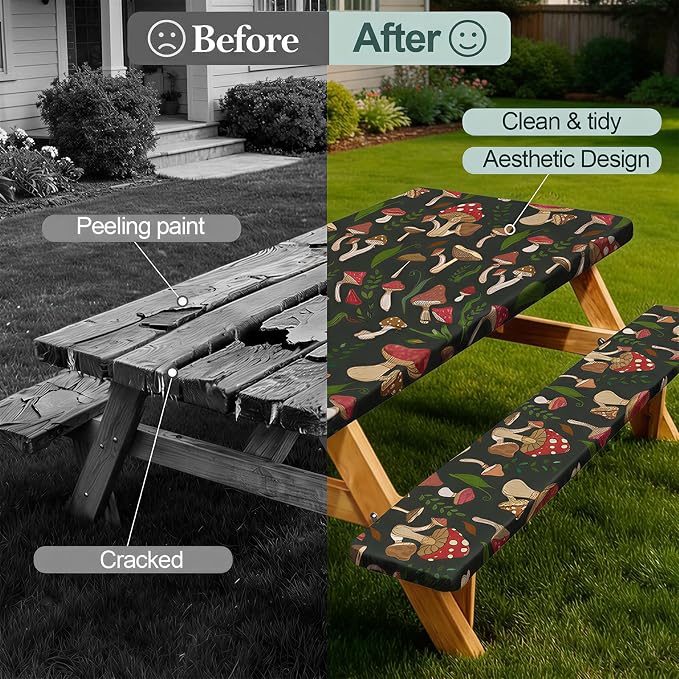 Picnic Table Cover Bench Covers Camping Essentials Tablecloth | Waterproof Vinyl for Outdoor, Windproof Elastic Fitted Edges, RV BBQ Accessories Must Haves, Storage Bag Included