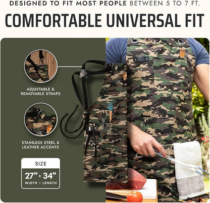 Asaya Chef and BBQ Apron with Bottle Opener and Hand Towel - 10oz Cotton Canvas, Stainless Steel Hardware - Cross Back Straps