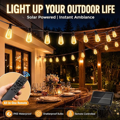 Solar Lights Outdoor Waterproof: ST38 50FT 15M Patio Lights Shatterproof Bulbs - Solar Powered & USB Charging- Remote Control 3 Light Modes Dimmable Solar Light - Garden Camping Backyard