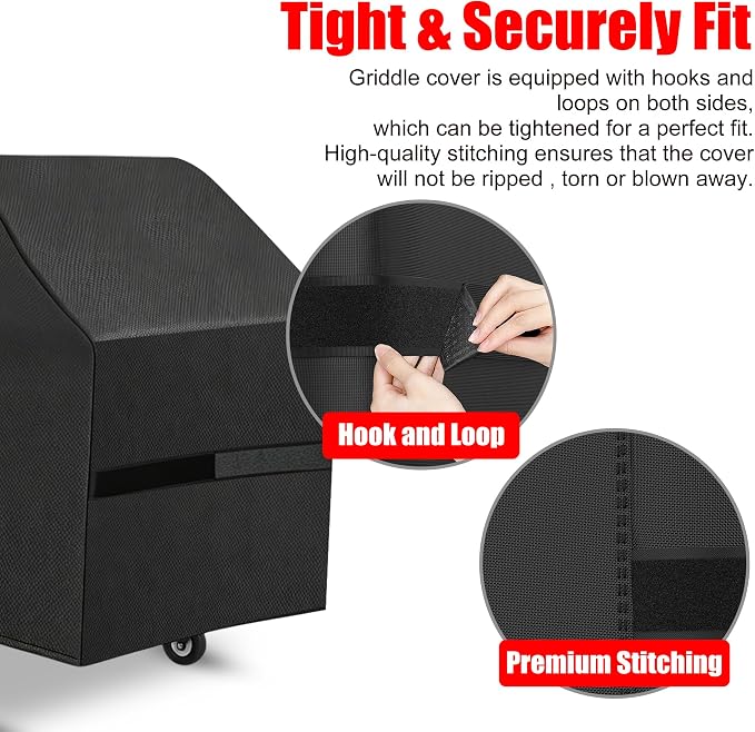 Griddle Cover, 28 Inch BBQ Gas Grill Cover with Hood for Blackstone Grill, Waterproof, Anti-Uv, Rip-Proof, Fade Resistant Material, Outdoor Griddle Cover with Hook-and-Loop Straps, Heavy Duty Black