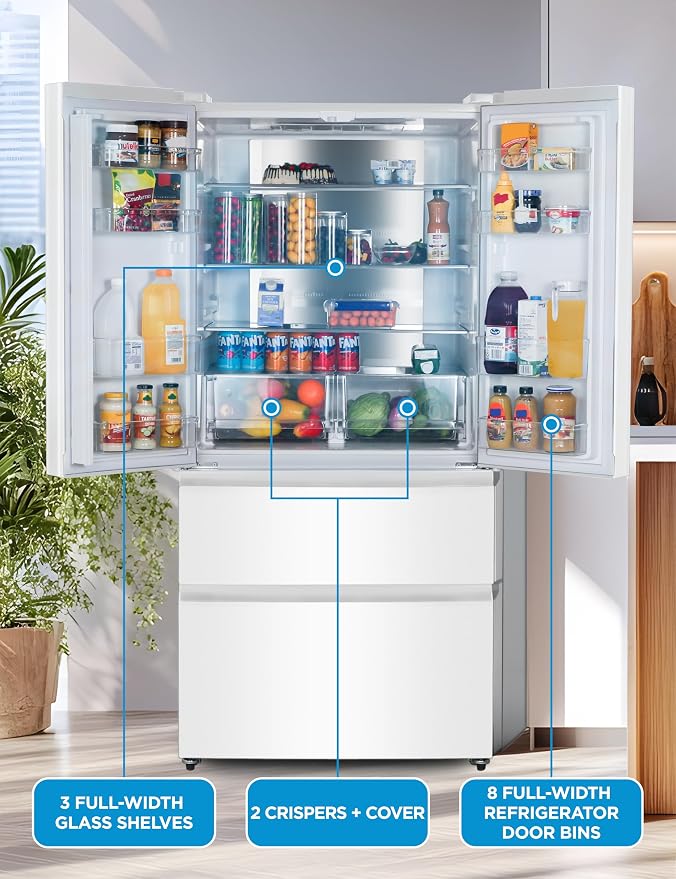 Commercial Cool 18.9 Cu. Ft. French Door Refrigerator, 33 Inch Wide Refrigerator with 2 Bottom Mount Freezer Drawers, Frost Free, LED Lighting, Digital Temperature Control, CCRF1890KW, White | 33 Inch Wide Refrigerator with 2 Bottom Mount Freezer Drawe...