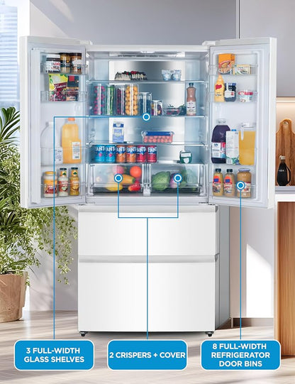Commercial Cool 18.9 Cu. Ft. French Door Refrigerator, 33 Inch Wide Refrigerator with 2 Bottom Mount Freezer Drawers, Frost Free, LED Lighting, Digital Temperature Control, CCRF1890KW, White | 33 Inch Wide Refrigerator with 2 Bottom Mount Freezer Drawe...