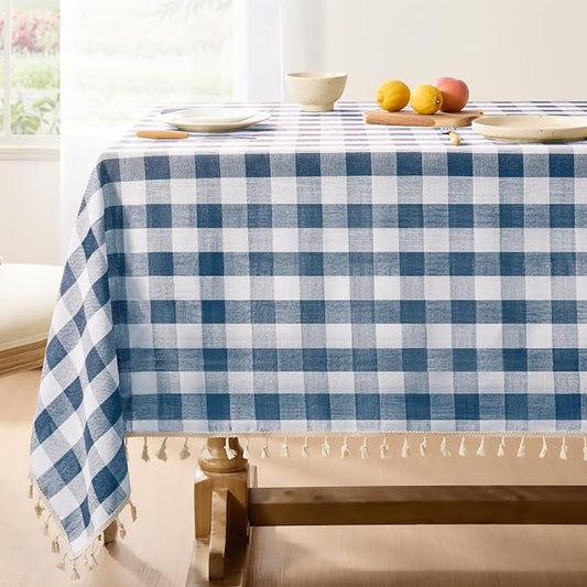 Softalker Checkered Tablecloth Rectangle, Outdoor Linen Cotton Gingham Table Cloth with Tassel, Heavy Duty Wrinkle Free Buffalo Plaid Table Cover for Kitchen Dining Summer Party - 55 x 102 Inch, Navy