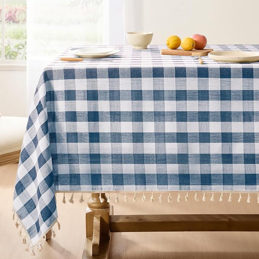 Softalker Checkered Tablecloth Rectangle, Outdoor Linen Cotton Gingham Table Cloth with Tassel, Heavy Duty Wrinkle Free Buffalo Plaid Table Cover for Kitchen Dining Summer Party - 55 x 120 Inch, Navy