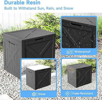 Pepe Tee Waterproof Resin Deck Box, Outdoor Storage Bin for Patio Furniture Cushions, All-Weather Garden Organizer & Seating Bench, Black