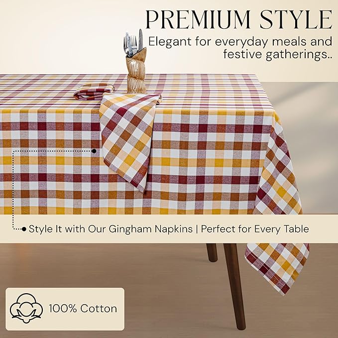 Gingham Check Tablecloth, 60"x84", 100% Cotton, Washable, Reusable Everyday Dining Table Linen Cover for Holidays, Parties, Burgundy Wine - Brown - Mustard Yellow & Natural Plaid