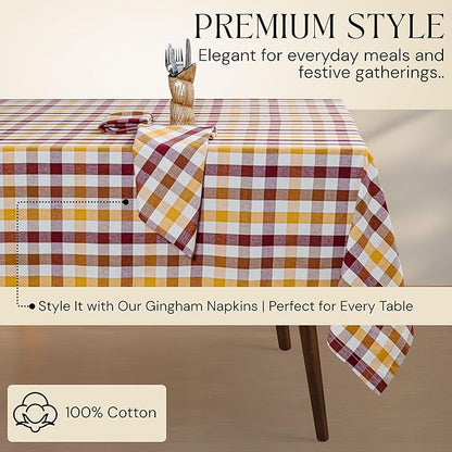 Gingham Check Tablecloth, 60"x84", 100% Cotton, Washable, Reusable Everyday Dining Table Linen Cover for Holidays, Parties, Burgundy Wine - Brown - Mustard Yellow & Natural Plaid