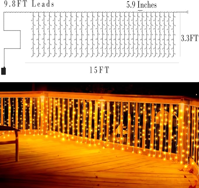 Eueasy Curtain Lights Outdoor, 300 LED Lights with 8 Lighting Modes. 15×3 FT Connectable, for Balconies, Fences, Stairs and Guardrails