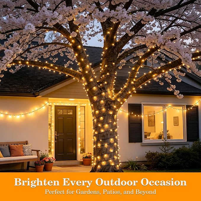 FairyGlim Christmas Lights Outdoor 100LED 33FT, Green Wire Connectable Christmas String Lights | 8 Modes Twinkle Fairy Lights Plug in with Timer, for Indoor Outside Xmas Trees Garden Party, Warm White