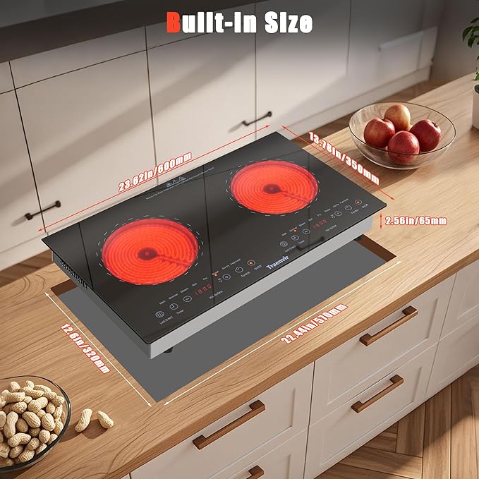 2 Burner Electric Cooktop, Two Burner Ceramic Cooktop 2000W, 24 Inch Countertop & Built-in Electric Stove top for Camping, Outdoor, Child Lock, Timer, 8 Power Levels, 110V-120V Plug in, Blue
