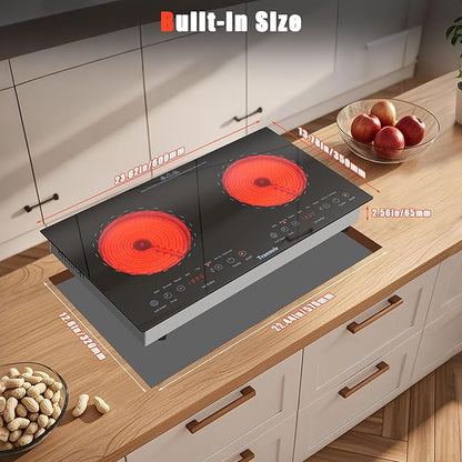 2 Burner Electric Cooktop, Two Burner Ceramic Cooktop 2000W, 24 Inch Countertop & Built-in Electric Stove top for Camping, Outdoor, Child Lock, Timer, 8 Power Levels, 110V-120V Plug in, Blue