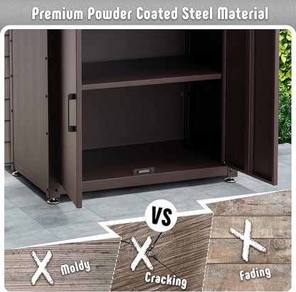 Feasto Outdoor Potting Bench Table with Storage Cabinet, Stainless Steel Garden Workstation, Raised-Edge Top, Adjustable Shelf & Removable Hutch for Patio, Balcony & Outdoor Workspace, Brown