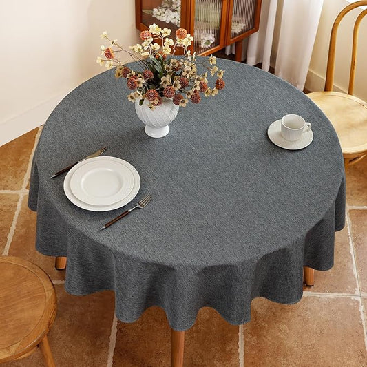 Seenus Faux Linen 60 Inch Gray Round Tablecloth fits 30'' to 48'' Table, Textured Stain Resistant & Washable Table Cloth for 2-4 Seats Circle Dining Table Kitchen Patio