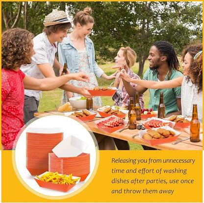 100 Pcs 2lb Paper Food Trays Boat Nacho Boats for Hot Dogs, Orange | Grease-Resistant, Disposable Kraft Paper Boat for Tacos Concession, Food Trucks, Birthday, Wedding, Christmas, Halloween