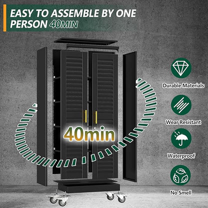 winiowa 71" Tall Metal Garage Storage Cabinet with Wheels, Steel Locking Rolling Tool Cabinet with 4 Adjustable Shelves for Garage,Home,Office (Black)