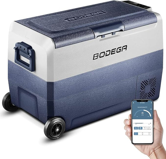 BODEGA 12 Volt Portable Car Refrigerator 53 Quart Single Zone | With wheels，Car Freezer Bluetooth Control,-4℉-68℉ Electric Cooler 12/24V DC &100-240V AC for Travel,Camping,RV, Road Trip