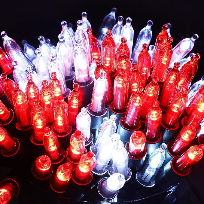 WATERGLIDE 2 Pack 50 LED Outdoor Valentines Lights, 16FT Battery Operated Mini String Lights with 8 Modes & Timer, Christmas Tree Lights Waterproof for Patio Garden Party Holiday Decor, Red & White