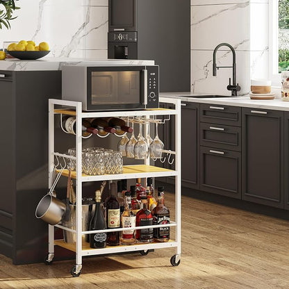 TUTOTAK Bar Cart with Wheels, Drink Cart with Wine Rack and Glass Holder | 3-Tier 23.7 Inch Wide Home Bar Serving Carts, Small Mobile Kitchen Shelf with 6 Hooks BC01BOW030