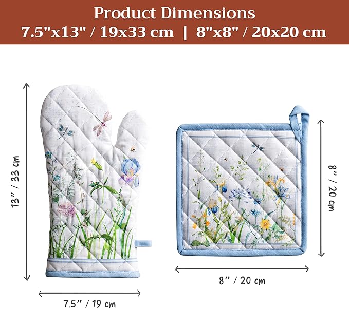 Maison d' Hermine 100% Cotton Oven Mitt & Pot Holder Set (7.5"x13" & 8"x8") Heat Resistant BBQ Cooking Gloves with Loop Baking Grilling Kitchen Hotel Home Farmhouse Spring Summer (Fleurs De Mai)