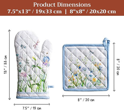 Maison d' Hermine 100% Cotton Oven Mitt & Pot Holder Set (7.5"x13" & 8"x8") Heat Resistant BBQ Cooking Gloves with Loop Baking Grilling Kitchen Hotel Home Farmhouse Spring Summer (Fleurs De Mai)
