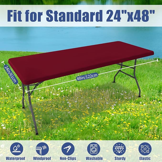 Moosfor Spandex 4 Foot Rectangle Table Cloth, Elastic Fitted Tablecloths for Picnic, Stretch Washable Patio Table Cover for Outdoor, Camping, Banquet and Parties (Wine Red, 24"x48")