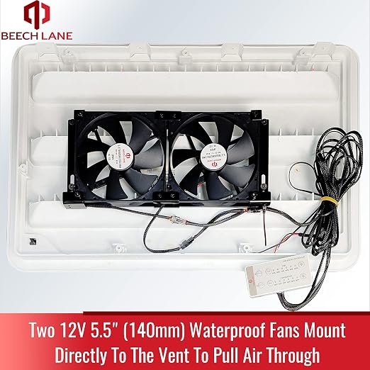 Beech Lane 12V RV Fridge Ventilation Cooling Fan 5.5" (140mm), Custom Mounts For American RV Side Vents, Adjustable Temperature Settings, High-Tech Remote With Manual/Auto Modes, Waterproof