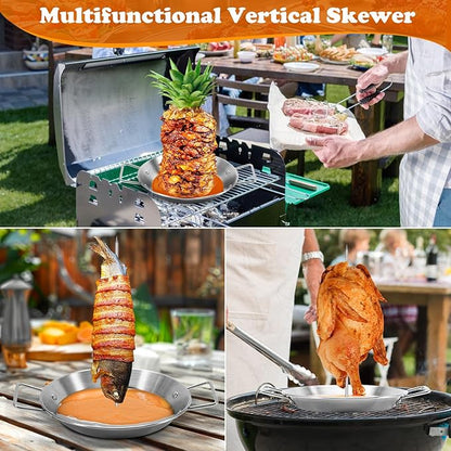 Al Pastor Skewer for Grill, Shawarma Skewer Stand, Stainless Steel Brazilian Vertical Spit with 3 Removable Spikes(8”/10"/12”)& Brushes, for Tacos Al Pastor, Grill Smoker Oven BBQ