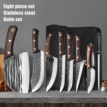 ZENG 8 Pieces Butcher Knife Set with Roll Bag, Chef Knife Set for Meat Cleaver Cutting & Viking Knives with Ergonomic Handles, Stainless Steel Hand Forged Kitchen Knife Set for Home, Cooking, Camping