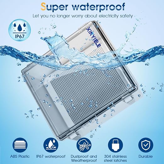 Waterproof Outdoor Project ABS Plastic Junction Box IP67 Weatherproof Dustproof Enclosure with Hinged Cover, Mounting Plate,Wall Brackets for Power Project (Clear, 11.8"x11.8"x7.1")