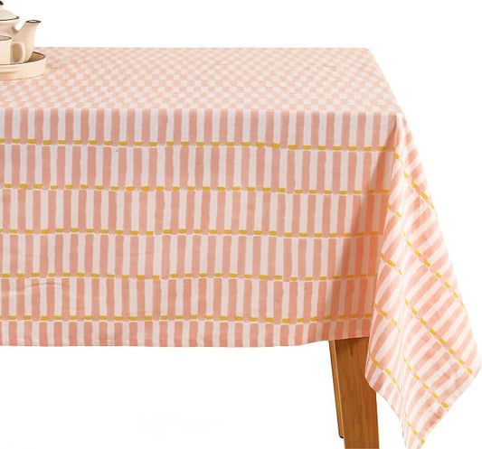 100% Cotton Hand Block Printed, Tablecloth for Kitchen, Dining, Table Cover for Parties, Chritmas, Weddings, Barbecues and Summer picnics Table Cloth (Pink)