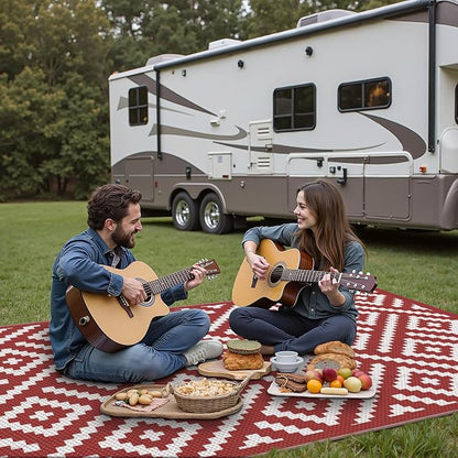 GENIMO Outdoor Rug, Waterproof Plastic Rugs for Patio, 6'x9' Red White | Outside Larger Modern Carpet Mat for Porch Decor, Deck, Balcony, Camping, RV, Backyard, Picnic, Beach, Reversible, Foldable