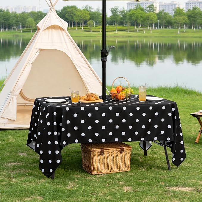 Poise3EHome Rectangle Outdoor Tablecloth with Umbrella Hole and Zipper,Black Dot 84x60 Inch,Polyester SpillProof Washable Table Cloth for Spring Summer Patio Garden Poolside Picnic Camping BBQS