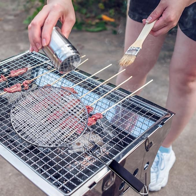 Round Grill Basket, Folding Stainless Steel Barbecue Nets Grilling Accessories, Metal Fish Clips with Removable Handle, Non-stick Clamp Grilled BBQ Supply, Outdoor Vegetable Grilling Rack