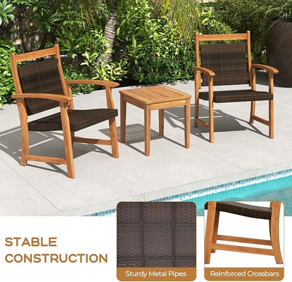 HAPPYGRILL 3 Pieces Rattan Wood Bistro Set, Patio Wicker Chairs Set with Acacia Wood Side Table, Outdoor Sofa Furniture Set for Yard Garden Porch Poolside