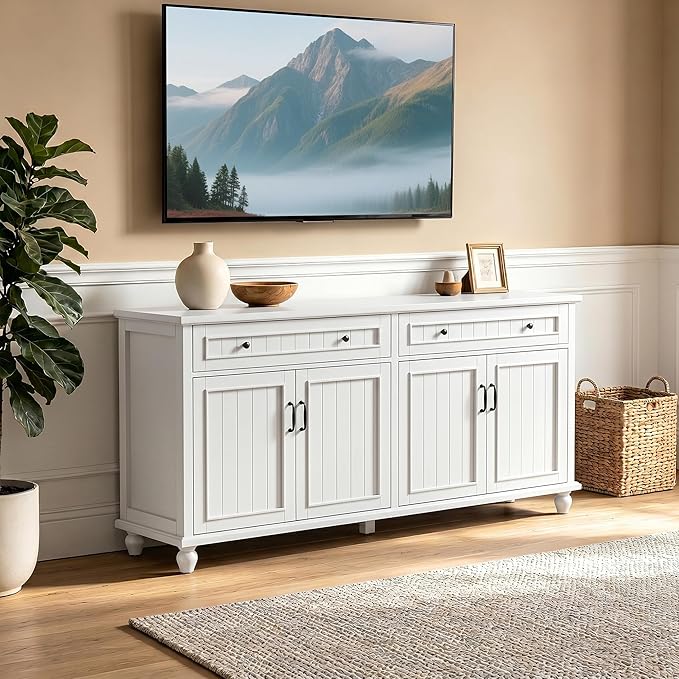 Scurrty Sideboard Buffet Cabinet, 62'' Large Storage Cabinet with Drawers and 4 Doors, Vintage Coffee Bar Cabinets with Adjustable Shelf for Kitchen, Living Room, White