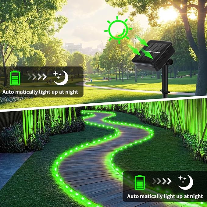 LairtPOW Solar Rope Lights, 39FT 100LEDs Outdoor Solar Strip Lights,IP65 Waterproof Outdoor Led String Lights with 8 Lighting Modes for Garden Yard Christmas Holiday Palm Tree Decoration (Green)