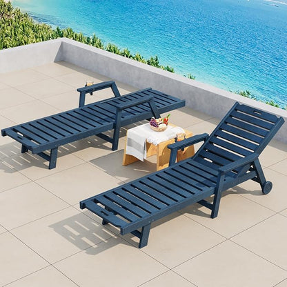 Garvee Lounge Chair Outdoor Set of 2 with Wheels & 5-Position Adjustable Backrest, Oversized Chaise Lounge with 2 Move Handle, HDPE Lounge Chair w/Detachable Cup Holder, for Patio, Pool,Navy Blue