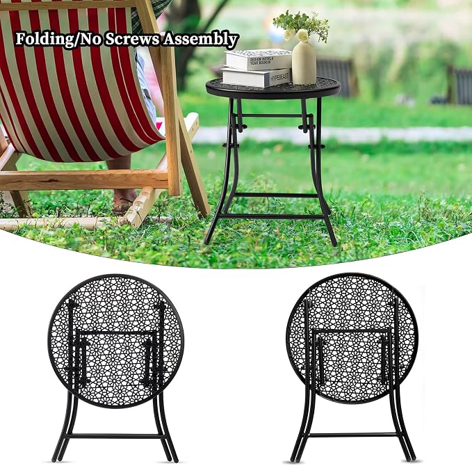 TeoKJ Folding Small Outdoor Side Table, No Assembly Patio Metal Desk, Black | Metal Round Anti Rust Patio Table, Small Nightstand with Flower Cutouts, for Porch Yard, Balcony, Lawn, Pool, Lightweight