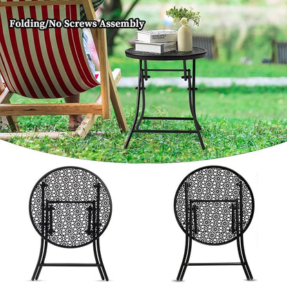 TeoKJ Folding Small Outdoor Side Table, No Assembly Patio Metal Desk, Black | Metal Round Anti Rust Patio Table, Small Nightstand with Flower Cutouts, for Porch Yard, Balcony, Lawn, Pool, Lightweight