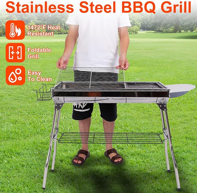 Charcoal Grills for Outdoor Cooking,Stainless Steel Folding Portable BBQ Grill Large Charcoal Grill for Garden Backyard Party Picnic Travel Outdoor Cooking Use With Non-Stick Frying Pan