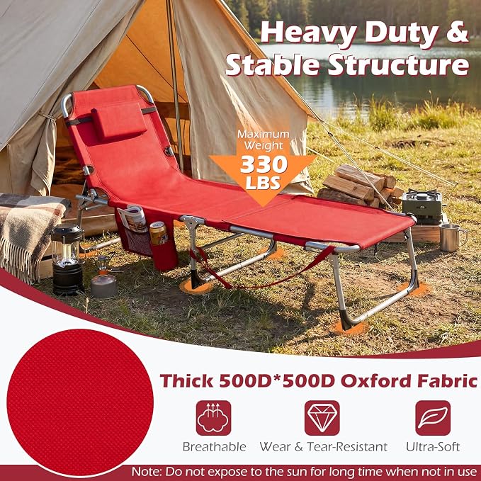 GYMAX Tanning Chair, 3 in 1 Sun Bathing Lounge Chairs with Face/Arm Holes & Side Pocket, Portable Lightweight Face Down Layout Tanning Chair for Outside, Beach, Backyard, Poolside (1, Red)