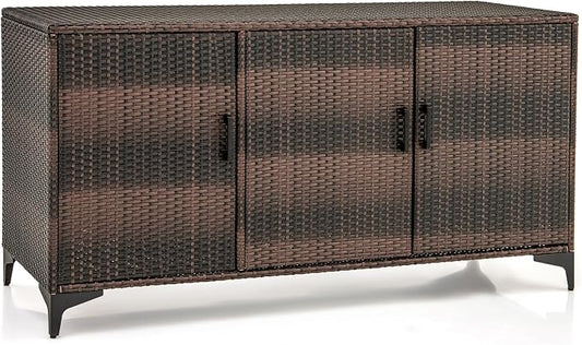 Giantex 84-Gallon Wicker Deck Box - Patio Storage Cabinet, 3-Door PE Rattan Storage Container with Removable Shelves, Indoor & Outdoor Package Box for Porch, Patio Furniture Cushions Tools (Brown)