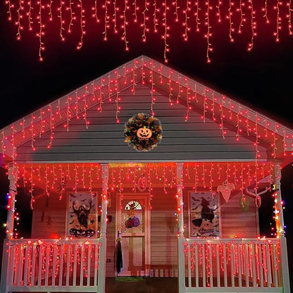 QITONG Red Halloween Lights, 66ft 800 LED Icicle Light for Outside with 8 Modes, Clear Wire Connectable Christmas String Lights Indoor Outdoor Plug in
