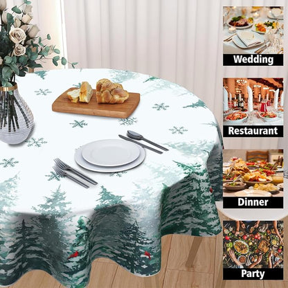 Winter Green Pine Tree Table Cloth Round Xmas Red Cardinal Bird Snowflake Tablecloth 60 Inch Decor Washable Stain and Wrinkle Resistant Winter Round Table Cover for Dining Picnic