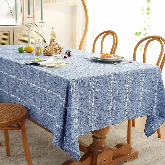 Chassic Rectangle Tablecloth 54 x 72 Inch, Farmhouse Boho Linen Table Cloths, Wrinkle Free & Washable Tablecloths for Small Dining Tables, Summer Kitchen Decor – Hemstitch Blue