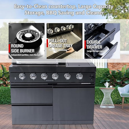 98.4 Inch Outdoor Kitchen Island, 72000 BTU Propane Gas Grill Combination With Refrigerator and Sink, Outdoor Stainless Steel Barbecue Bar, Propane Grill for Patios, Gardens, Parties