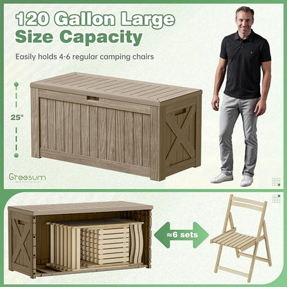 Greesum Outdoor Storage Box 120 Gallon Storage Bin with Lid for Patio Furniture, Garden Tools, Pool Supplies, Lockable, Waterproof and UV Resistant, Coffee