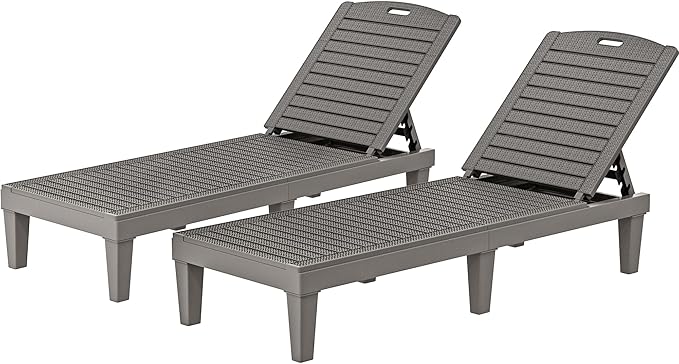 YITAHOME Outdoor Chaise Lounge Chair, Plastic Pool Chaise Lounge with 5-Position Backrest, Easy Assembly & Waterproof for Patio & Poolside, Set of 2, Grey
